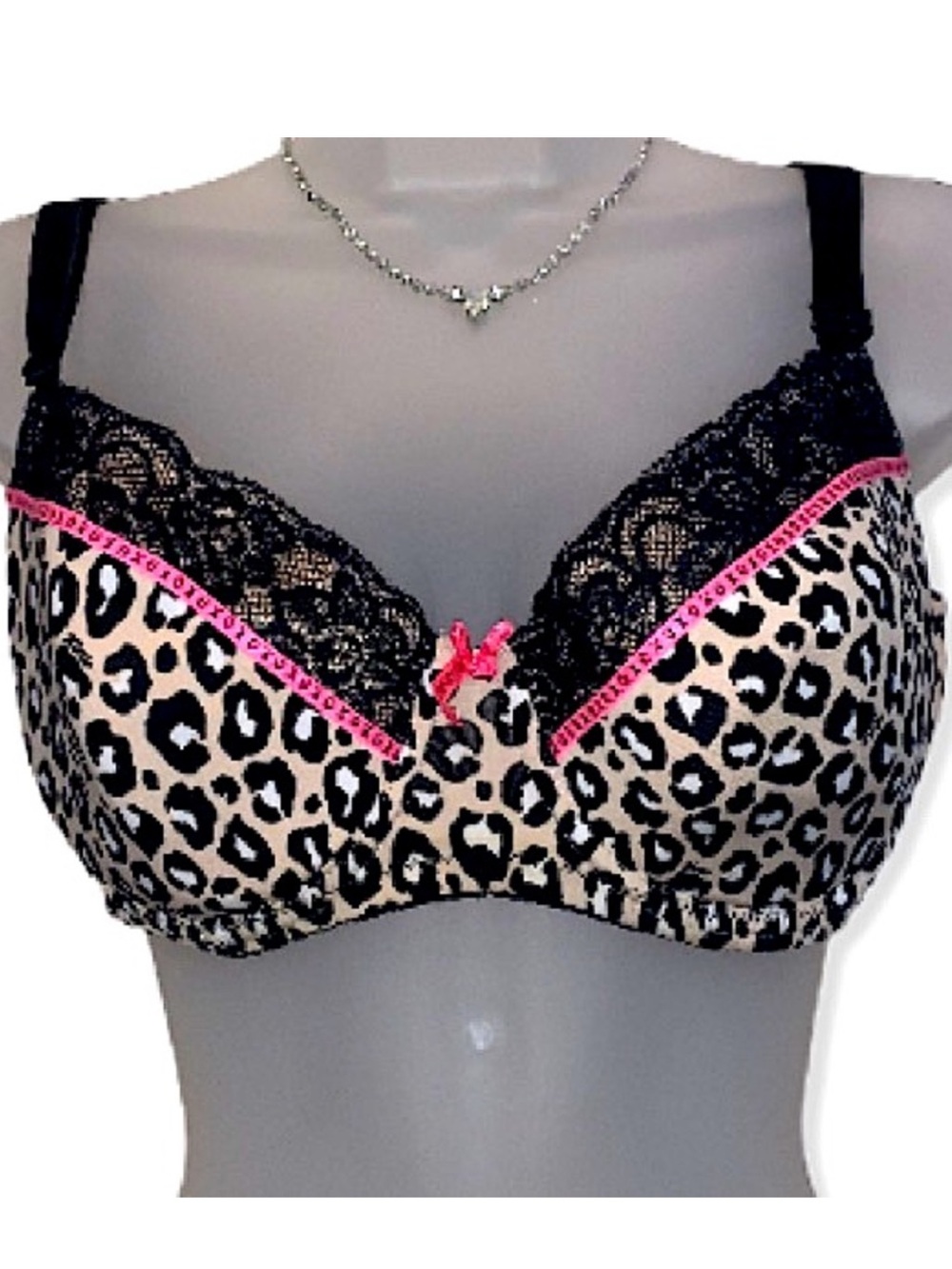 Y2K XOXO Leopard Animal Print Lace Trim Sexy Bra 36D Pink Bow Black Beige Tan